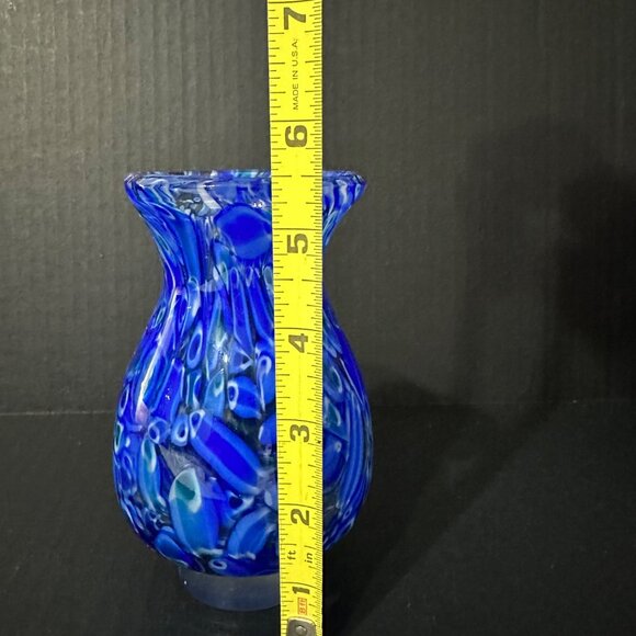 Cobalt blue spotted confetti hand blown art glass 5.5” vase smooth pontil - Picture 4 of 5